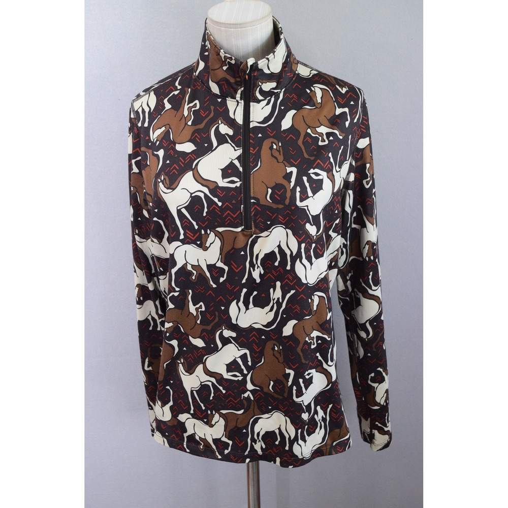 Kerrits Horse Print 1/4 Zip Shirt Large Brown Multi Equestrian Women Long Sleeve
